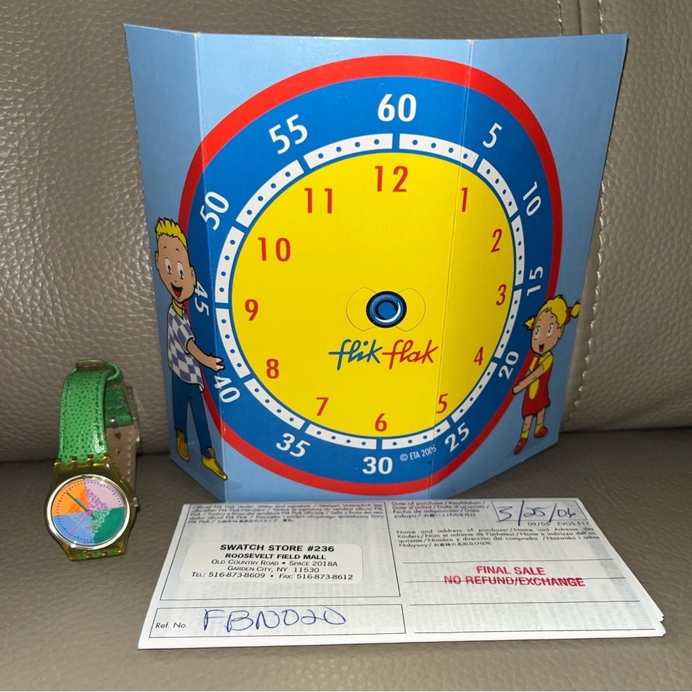 SWATCH SWISS FLICK FLAK WATCH Vintage Green Leather Strap Women/Kids Switzerland